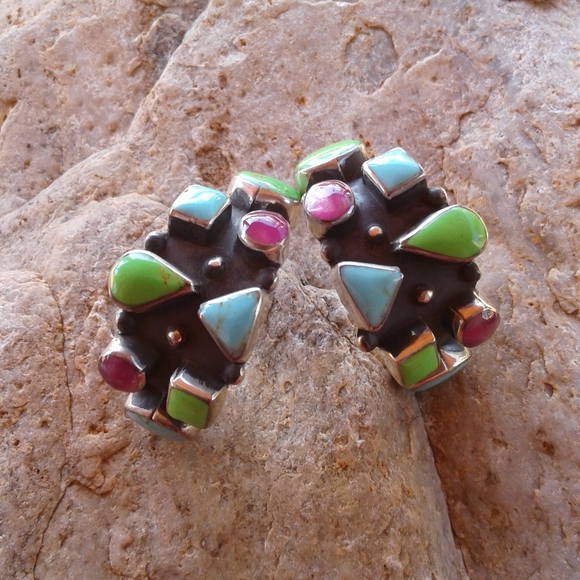 Jewelry - Sterling Silver Multi GEMSTONE wide hoop earrings